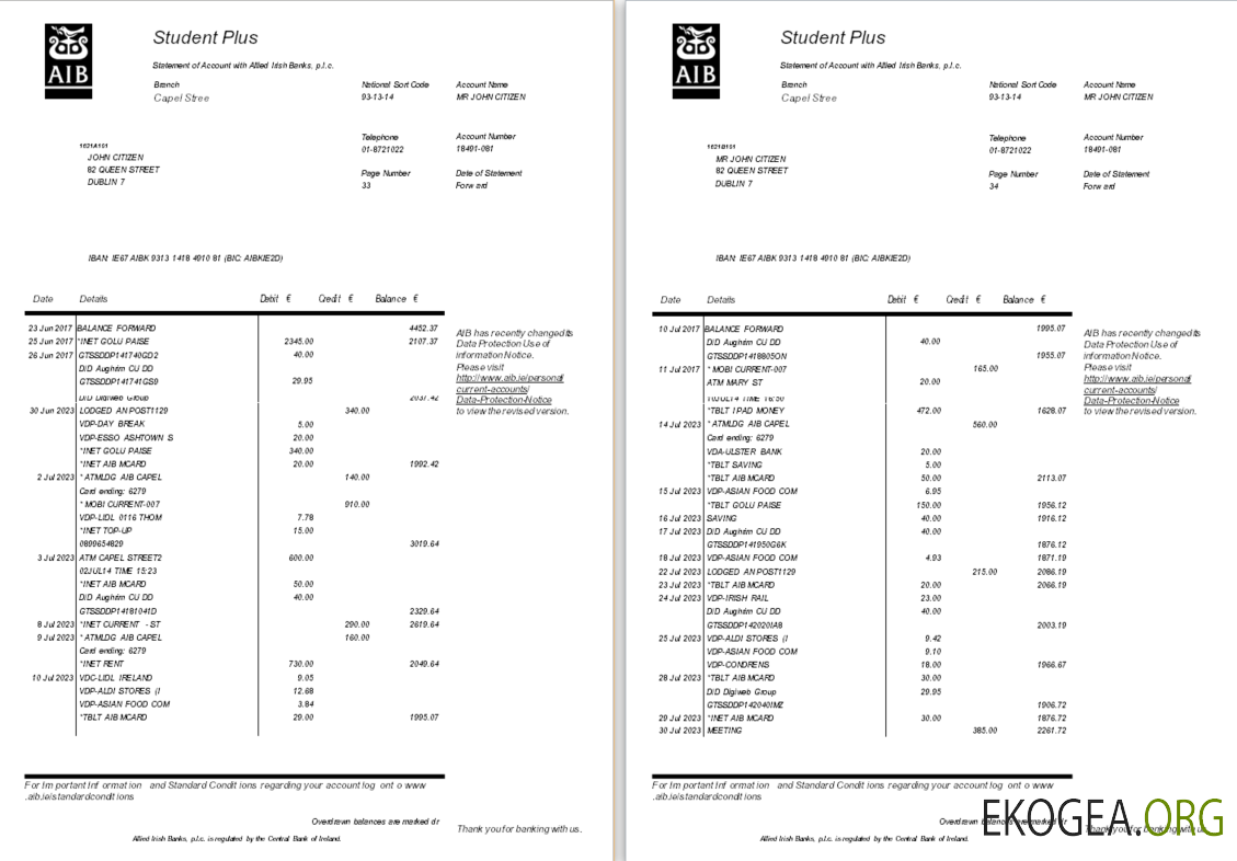 Modèle de relevé bancaire Irlande AIB, format Word et PDF, 6 pages